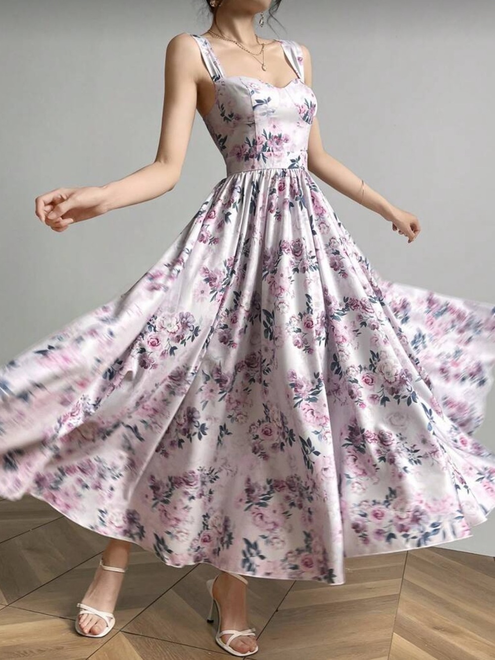 Floral Pink Midi Fit-and-Flare Dress